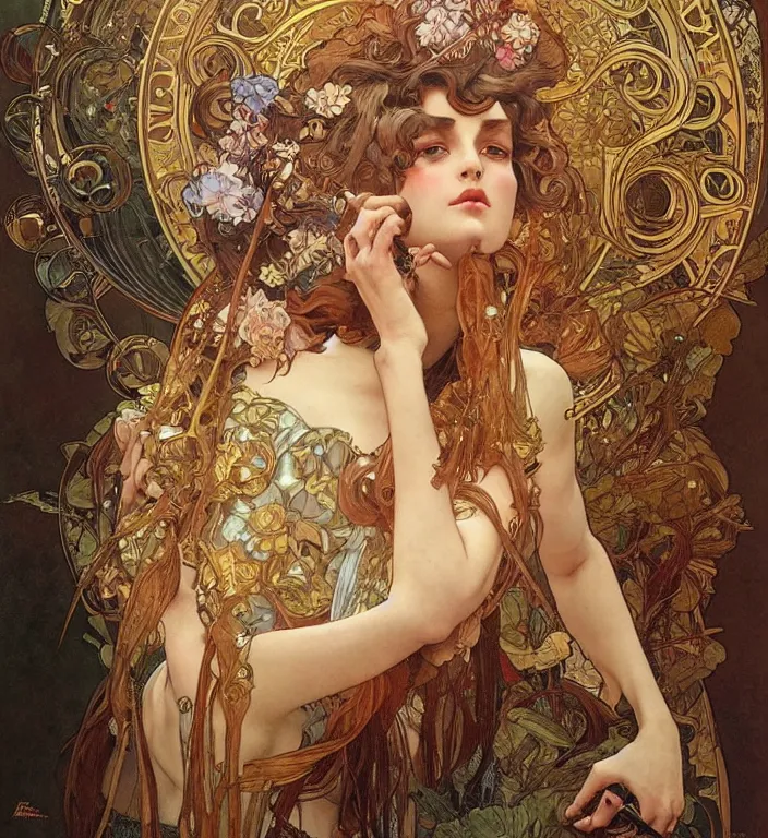 Image similar to unreal engine render + a goddess, smooth, coherent, high detailed, by Karol Bak outlines by Alphonse Mucha, featured on artstation, instagram HD, unreal engine