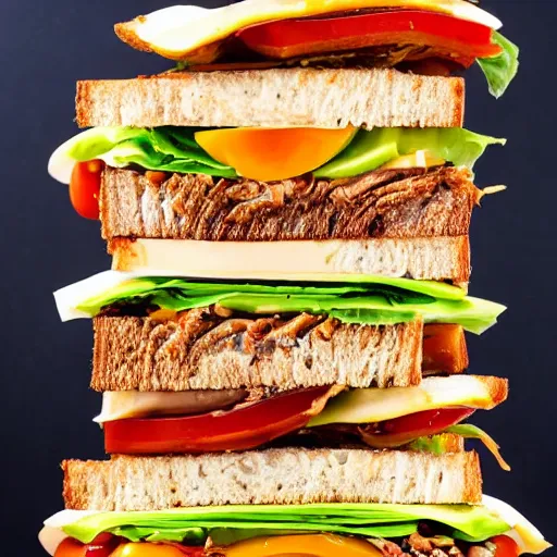 Prompt: sandwich with fried tofu, also tomato, onion, avocado and cheddar, over a dish and over a table, sunset background with saturn and stars in the sky, amazing light