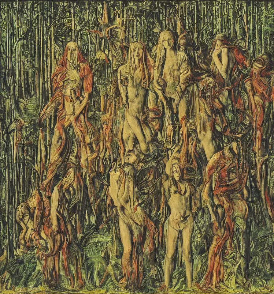 Prompt: four warrior angels lost in a forest painted by akseli gallen and ernst fuchs