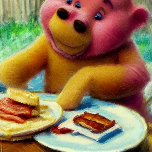 Image similar to close up of winnie the pooh eating bacon sandwich, cinematographic shot, by daniel f. gerhartz