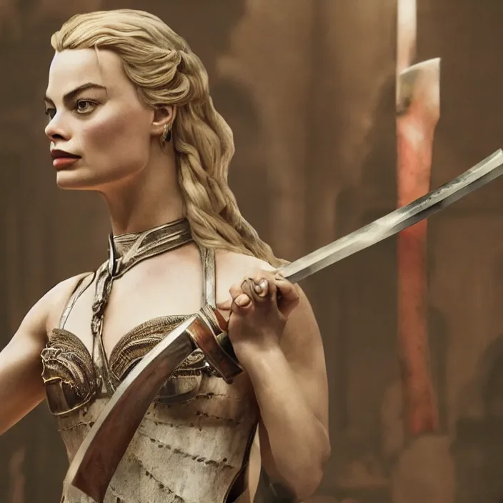 Image similar to margot robbie, broadsword in her hands, sword. very coherent symmetrical artwork. cinematic, high detail, octane render, 8 k