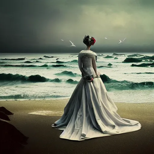 Image similar to Southern Gothic scene of a bride looking the distant shore, painted by Michal Karcz