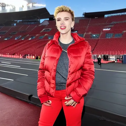 Prompt: Scarlett Johansson, wearing a red puffer jacket and red pants, standing in a stadium, perfect eyes, white light shining on her