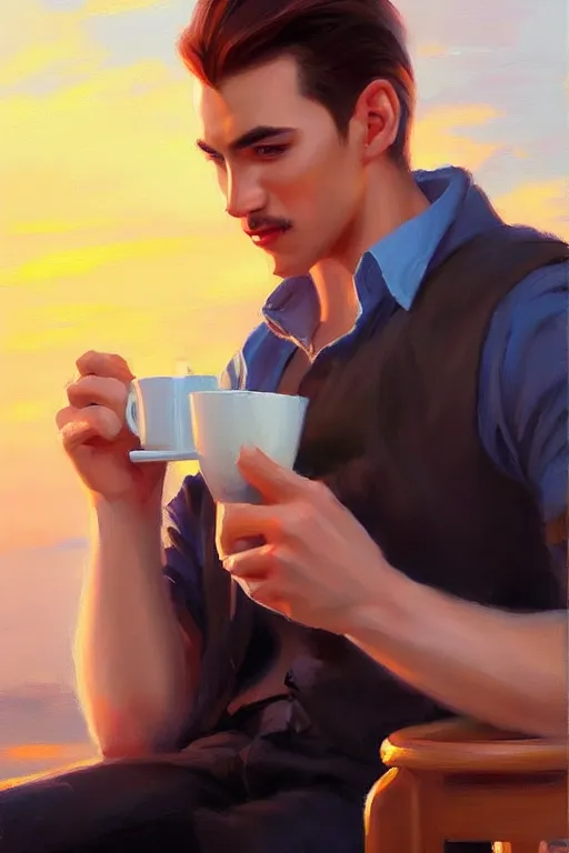 Prompt: attractive man drinking coffee, sunset, painting by vladimir volegov, ross tran, tom of finland, trending on artstation