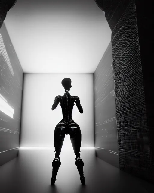 Image similar to black and white high quality photo of a female AI-queen-dragon-meshes-cyborg-doll looking into a sci-fi mirror, volumetric lighting, brutalism, foggy, dreamy, hyperdetailed, bokeh, photorealistic, cinematic, masterpiece, elegant, dark, in the style of Man Ray, octane render, 8K,