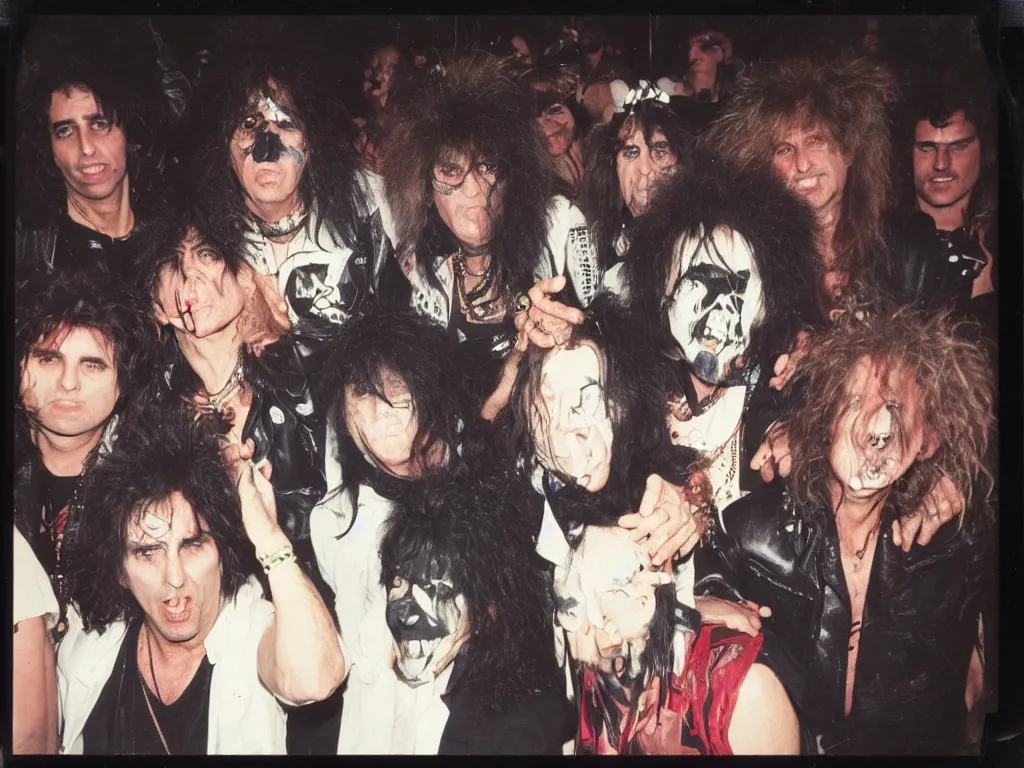 Image similar to 80s polaroid colour flash photograph of 80s Alice Cooper concert