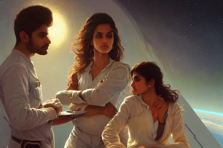 Image similar to Sensual good looking pale young Indian doctors wearing jeans in a space station above Earth, portrait, elegant, intricate, digital painting, artstation, concept art, smooth, sharp focus, illustration, art by artgerm and greg rutkowski and alphonse mucha