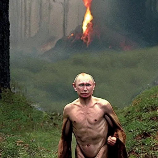 Image similar to Vladimir Putin as Gollum in Lord of the Rings, burning fires of Mordor in the background