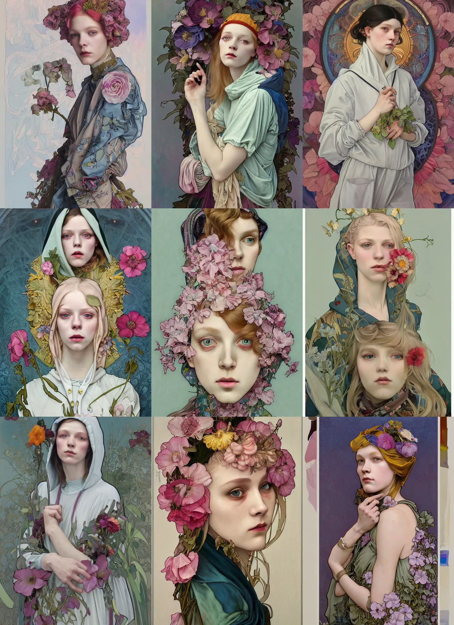 Prompt: painting by martine johanna of 2 5 yo hunter schafer wearing a hoodie standing in a township street in the style of alphonse mucha, street clothing, haute couture! fashion!, full figure painting by tom bagshaw, tara mcpherson, david choe, decorative flowers, detailed painterly impasto brushwork, pastel color palette, die antwoord