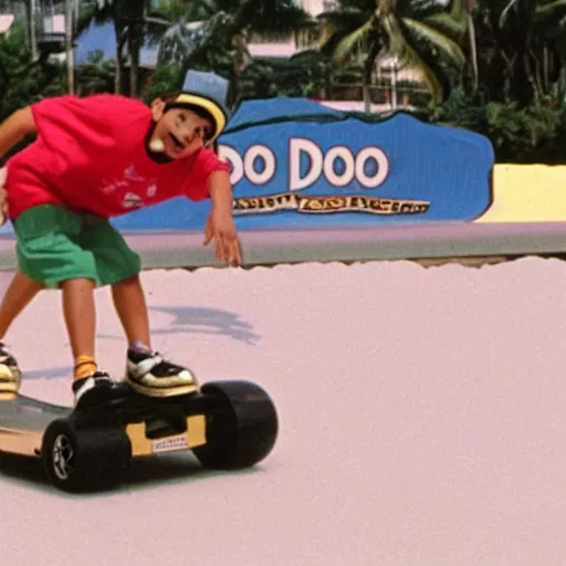 Image similar to a dodo wearing street clothes, a backwards ballcap and gold chain around its neck, on a hover board at a skate park at the beach, 1990s cartoon, anime style