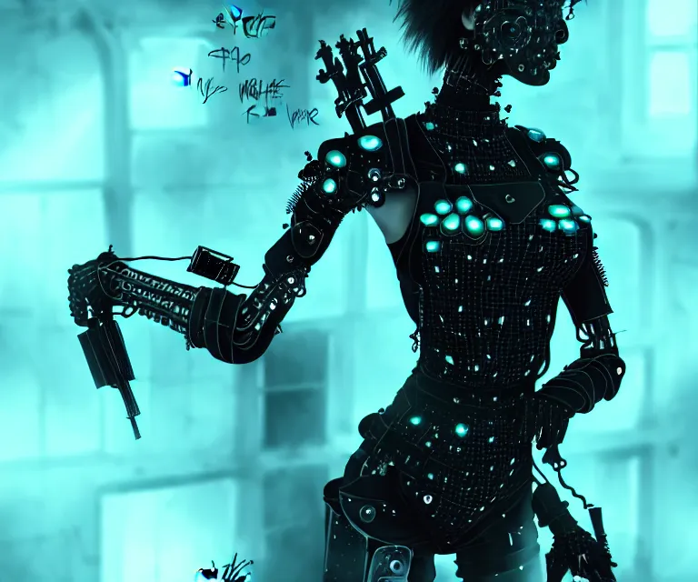 Prompt: gothic mute hybrid cyborg warrior girl of flowers, cyber clothes shaping love!, freedom fighter, eerie, cinematic, epic, 8 k, ultra - realistic, by xsullod, teal color splashes, flowers