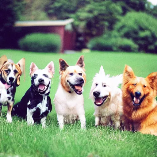 Prompt: 3 5 mm photo of many happy dogs together