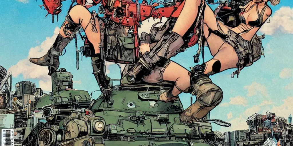 Image similar to tank girl sitting on top of the tank. comic book style. illustration. marvel. print. high details.