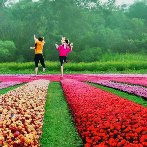 Prompt: humans running in a flower field with their hands in the air, funny facial expressions, eyes rolled back, 'the drugs are finally kicking in'