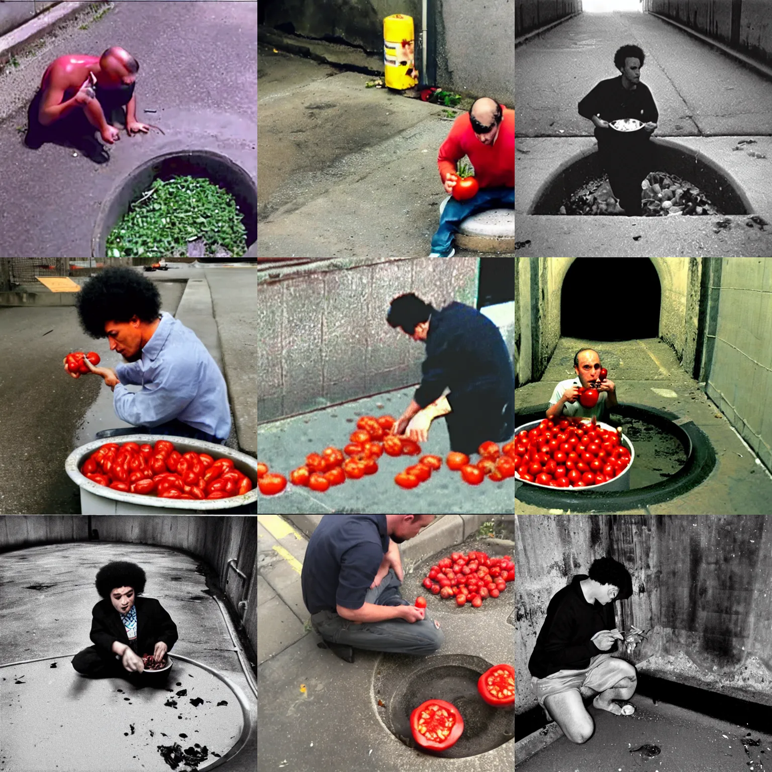 Prompt: cctv footage of james ferraro eating tomatoes inside a sewer