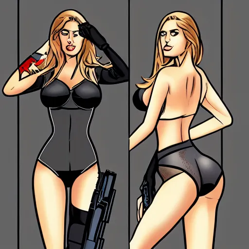 Image similar to mix of kate upton, yanet garcia, and salma hayek, attractive super spy infiltrating a base, digital comic art, full body shot, slim, tight fit, danger girl, sydney savage