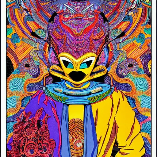 Image similar to beautiful portrait of the colorful masked figure, vivid colors, intricate, highly detailed, masterful, fantasy world, sci fi world, in the style of moebius, akira toriyama, jean giraud