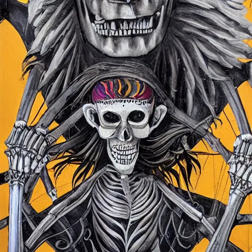 Image similar to The body art features a human figure driving a chariot. The figure is skeletal and frail, with a large head and eyes. The chariot is pulled by two animals, which are also skeletal and frail. street art by Austin Briggs, by Chris Uminga mood