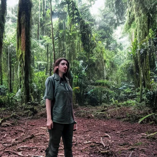 Image similar to a human researcher standing in the rainforest, post - apocalypse, cinematic