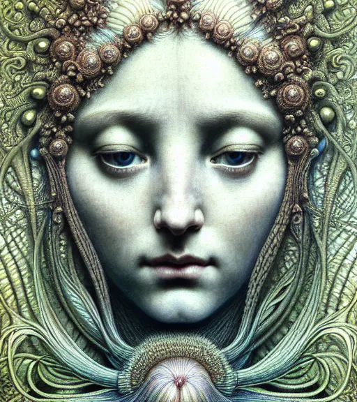 Image similar to detailed realistic beautiful lily goddess face portrait by jean delville, gustave dore, iris van herpen and marco mazzoni, art forms of nature by ernst haeckel, art nouveau, symbolist, visionary, gothic, neo - gothic, pre - raphaelite, fractal lace, intricate alien botanicals, ai biodiversity, surreality, hyperdetailed ultrasharp octane render