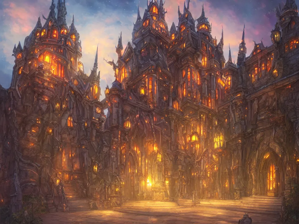 Image similar to gorgeous exterior picture of a fantasy guild building, majestic design, tower, ornamental, big entrance, colorful, high fantasy, by rossdraws, ralph horsley, artstationhd