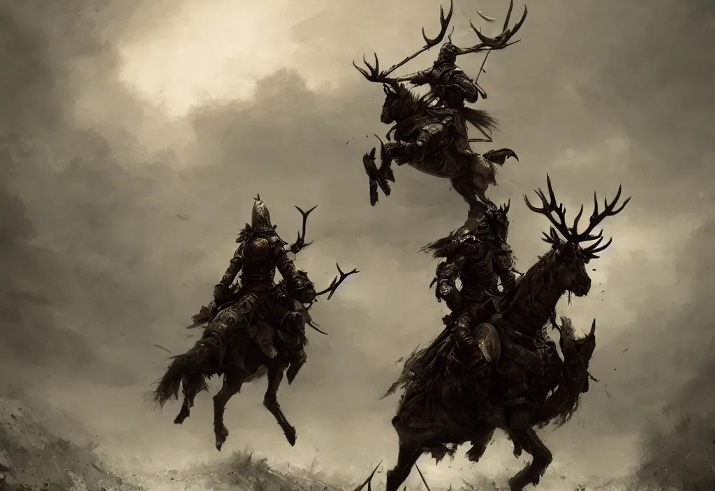 Image similar to a knight riding a burning stag, artstation, jakub rozalski, high detail, dramatic lighting