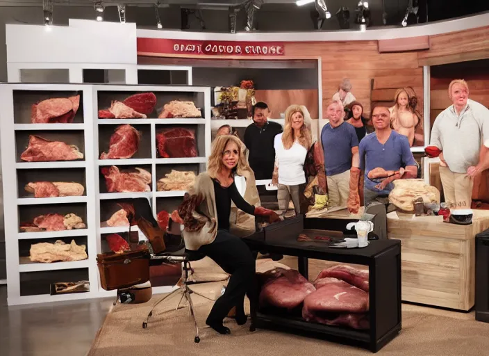 Image similar to qvc tv show product showcase pile of nasty meat men flesh, studio lighting, limited time offer, graphics $ 9 9 call now