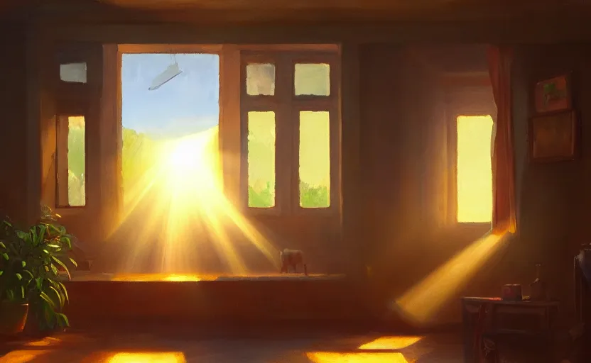 Image similar to rays of the morning sun shining through the window of the village house. very beautiful, clear sky, warm shiny colors, oil painting, high detail, trending on artstation