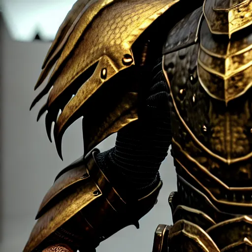 Image similar to dragonborn armor being left off on a wardrobe, photorealistic 3 d octane render, unreal engine