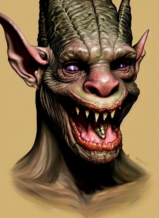 Prompt: profile face portrait of a medieval goblin eating cakes in the cloisters, beautiful face, hyper realistic, highly detailed, digital painting, artstation, illustration, concept art by hyung tae, bosch, giger, frank frazetta, digital paint, matte paint, washed colors, dark, gloomy