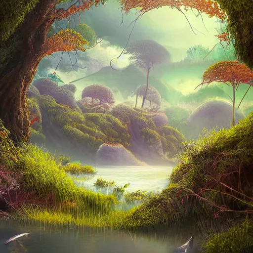 Prompt: beautiful detailed painting of a lush natural scene on a colourful alien planet by vincent bons. ultra sharp high quality digital render. detailed. beautiful landscape. weird vegetation. water. soft colour scheme. grainy.