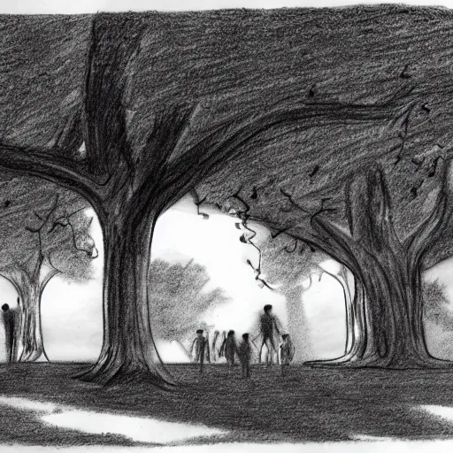 Image similar to a group of people in a park staring up at a gigantic tree, pencil sketch, black and white