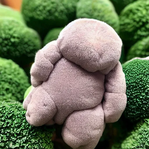 Image similar to plush tardigrade doll with plush broccoli to eat, cute, fluffy, fuzzy, kind, loving, tender