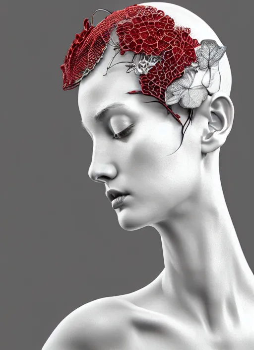 Image similar to complex 3d render ultra detailed of a beautiful porcelain profile young woman face, biomechanical cyborg, 200 mm lens, beautiful studio soft light, rim light, silver white gold red details, magnolia big leaves achromatic and stems, roots, fine foliage lace, mesh wire, Alexander Mcqueen high fashion haute couture, art nouveau fashion embroidered, intricate details, hyper realistic, ultra detailed, mandelbrot fractal, anatomical, facial muscles, cable wires, microchip, elegant, octane render, H.R. Giger style, 8k post-production, trending on Artstation