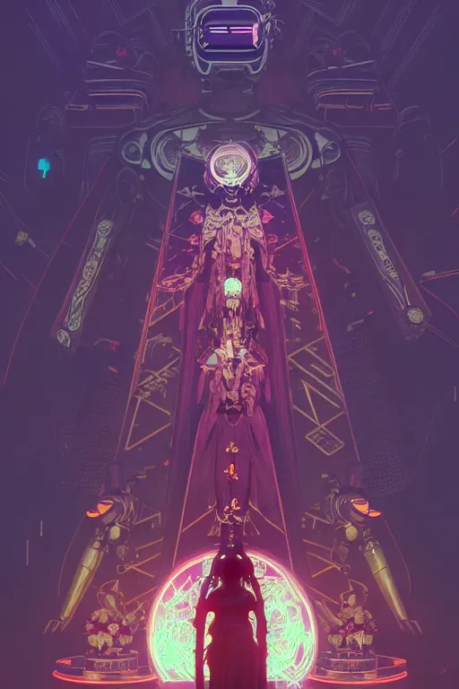 Image similar to cyberpunk blindfolded occultists worshipping a supernatural robot deity in a futuristic shrine, sci - fi concept art by bakaarts and darius puia and bartsy and sachin teng and pascal blanche and alphonse mucha and nekro and josan gonzalez, digital art, trending on artstation, 4 k, 8 k