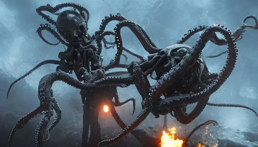 Prompt: big budget movie about an undead soldier fighting a robot octopus