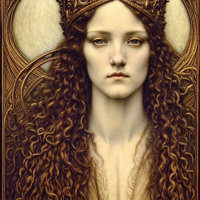 Image similar to detailed realistic beautiful young medieval queen face portrait by jean delville, gustave dore and marco mazzoni, art nouveau, symbolist, visionary, gothic, pre - raphaelite. horizontal symmetry