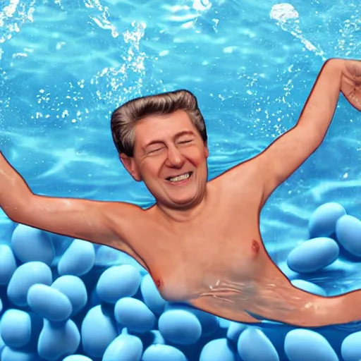Image similar to photorealistic of the leader of the united kingdom swimming in a pool of beans