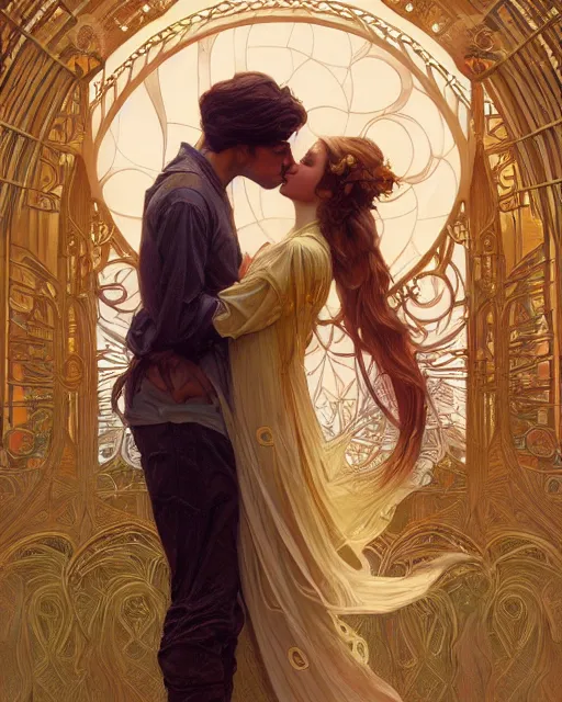 Image similar to the kiss | highly detailed | high coherence!! | very intricate | art nouveau | gold filigree | romantic storybook fantasy | soft cinematic lighting | award - winning | painted by mandy jurgens and alphonse mucha and alena aenami | pastel color palette | featured on artstation