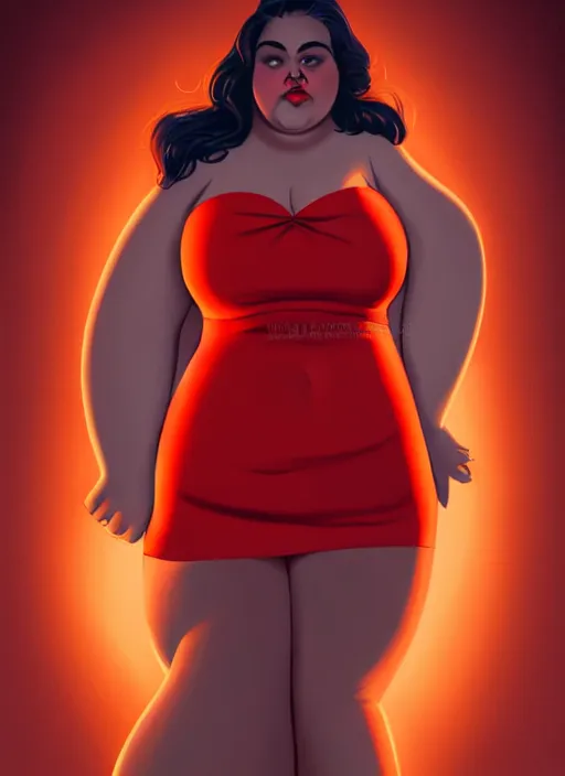 Image similar to full body portrait of teenage veronica lodge, obese, bangs, sultry, realistic, sultry smirk, wavy hair, red skirt, fat, belly, intricate, elegant, glowing lights, highly detailed, digital painting, artstation, concept art, smooth, sharp focus, illustration, art by wlop, mars ravelo and greg rutkowski