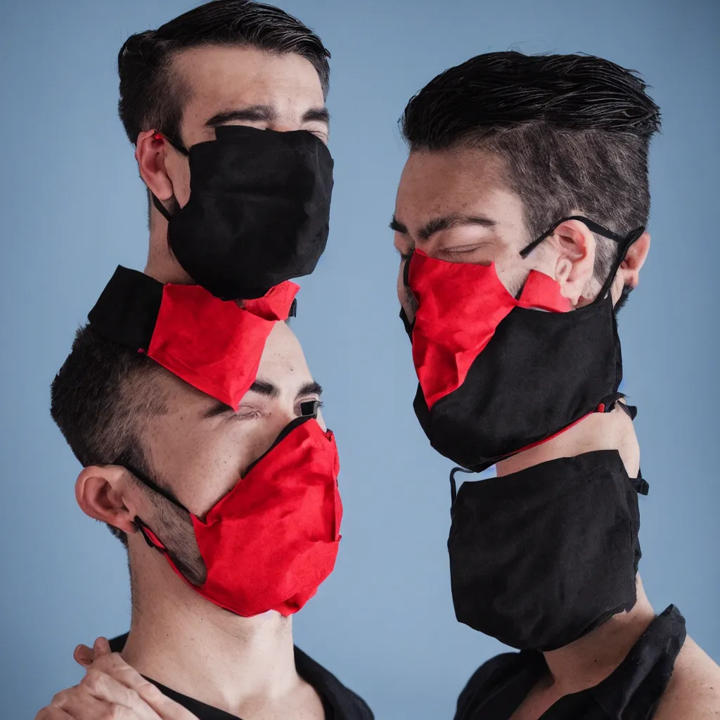 Prompt: a man in a black medical mask, dark hair undercut, red and blue rimlight, black background portrait