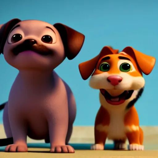 Prompt: a dog and a cat doing crimes, pixar, 8k