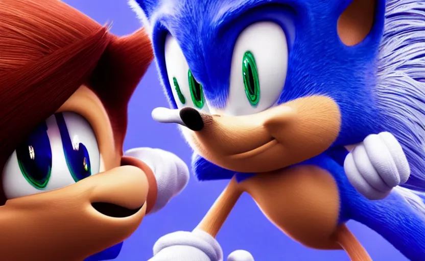 Image similar to a stunning cinematic closeup of sonic, movie scene, high details, Raytracing, octane render, vivid colors, 32k, denoise, 3d shaders, ambient occlusion, 3d reflections, sub surface scatter, renderman, visual effects, lens flare, halation, chromatic aberration, high sample render, deep colors, dramatic lighting