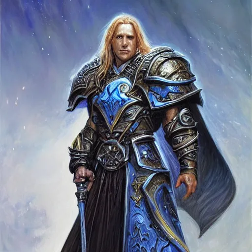 Image similar to Arthas Menethil as a fantasy D&D paladin, portrait art by Donato Giancola and James Gurney, digital art, trending on artstation