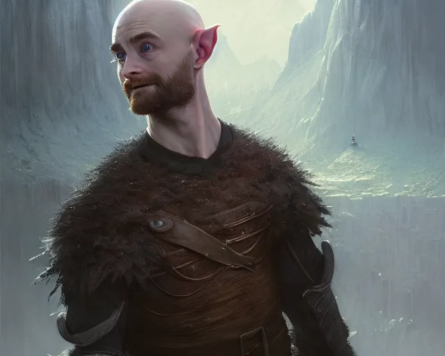 Image similar to highly detailed portrait of daniel radcliffe as a fantasy bald elf, in skyrim, stephen bliss, unreal engine, fantasy art by greg rutkowski, loish, rhads, ferdinand knab, makoto shinkai and lois van baarle, ilya kuvshinov, rossdraws, tom bagshaw, global illumination, radiant light, detailed and intricate environment