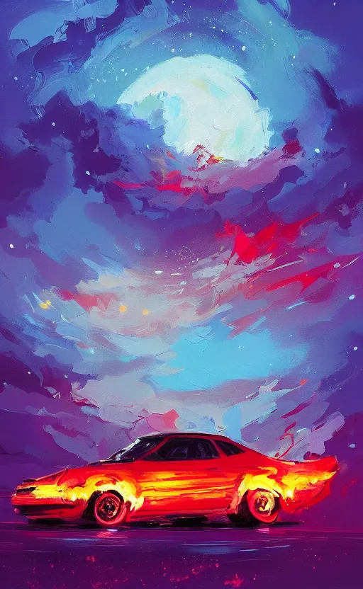 Prompt: a beautiful painting of a burning car, art of alena aenami, featured on artstation, vertical orientation, paint brush strokes, expressionism, brushstroke - laden, breathtaking clouds, birds, ocean, beautiful stars, long exposure, big moon radius, airy midnight theme, blue purple gradient, lens flare