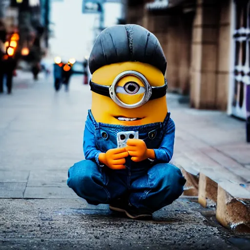 Prompt: candid photo of a real-life minion living homeless on the street, beautiful photography, detailed portrait shot, 35mm, lens, sony a7z, moody, sad, flickr, hyper realistic, real life, 4k, UHD