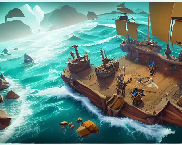 Prompt: isometric game art of sea of thieves ocean and ship, game design concept, rare ltd, trending on artstation, cgsociety