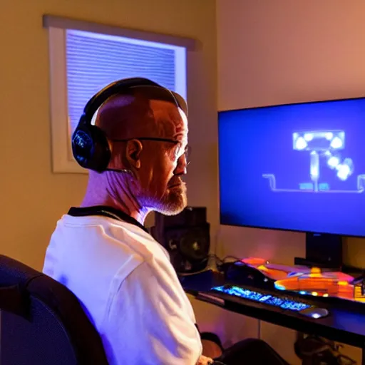 Image similar to dslr photo of walter white as a twitch streamer, playing video games, room lit with leds