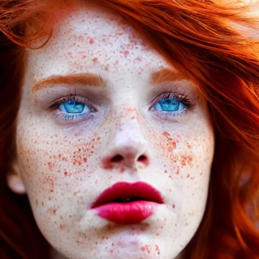 Image similar to Close up photo of the left side of the head of a redhead woman with gorgeous blue eyes and wavy long red hair, red detailed lips and freckles who looks directly at the camera. Slightly open mouth. Whole head visible and covers half of the frame, with a park visible in the background. 135mm nikon.